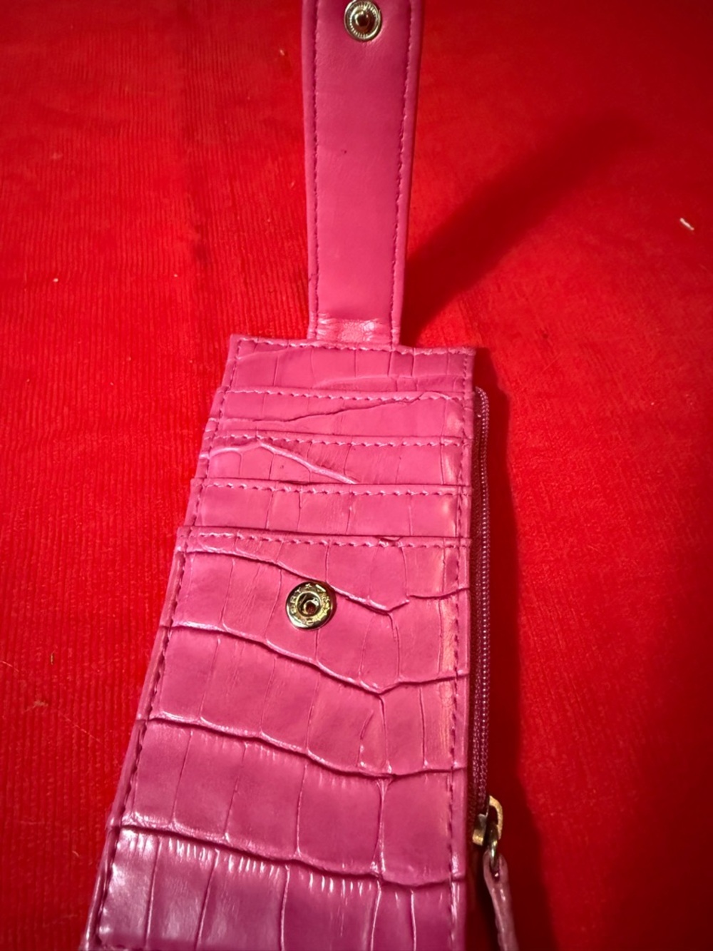 Pink Croc-Embossed Card Wallet with Snap Closure